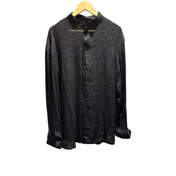 Mandarin Collar Sheer Button Down Long Sleeve Shirt Black - Picture 2 of 5